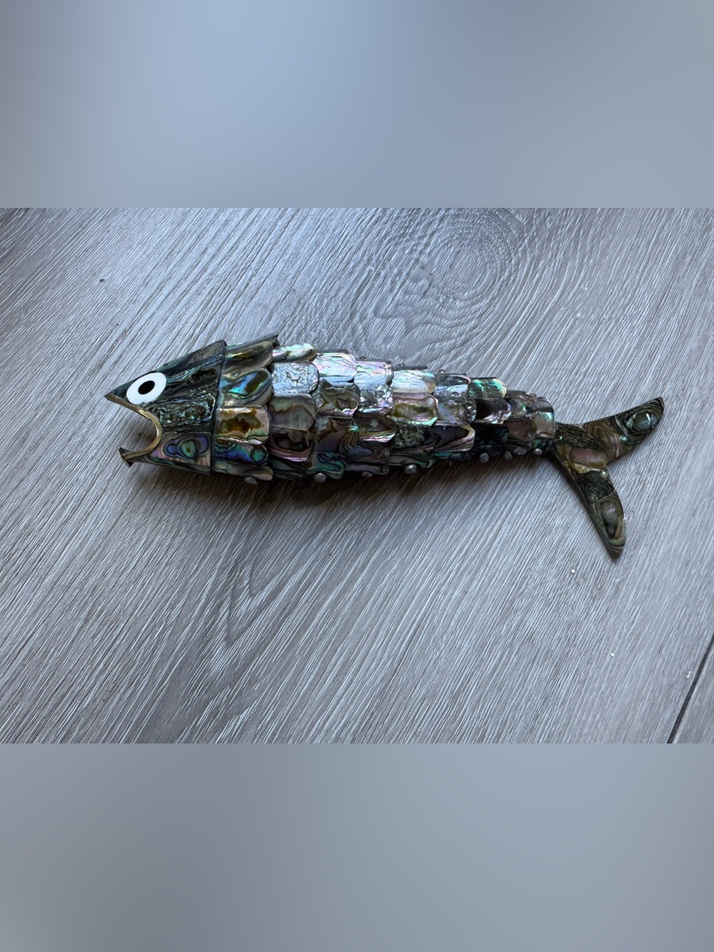 Vintage Articulated Abalone Fish bottle open Mexican silver